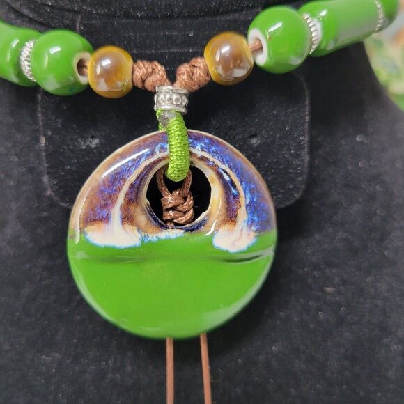 Green Ethnic Necklace Ceramic Beads Adjustable Fashion Necklace Bohemian tassel - Picture 3 of 9